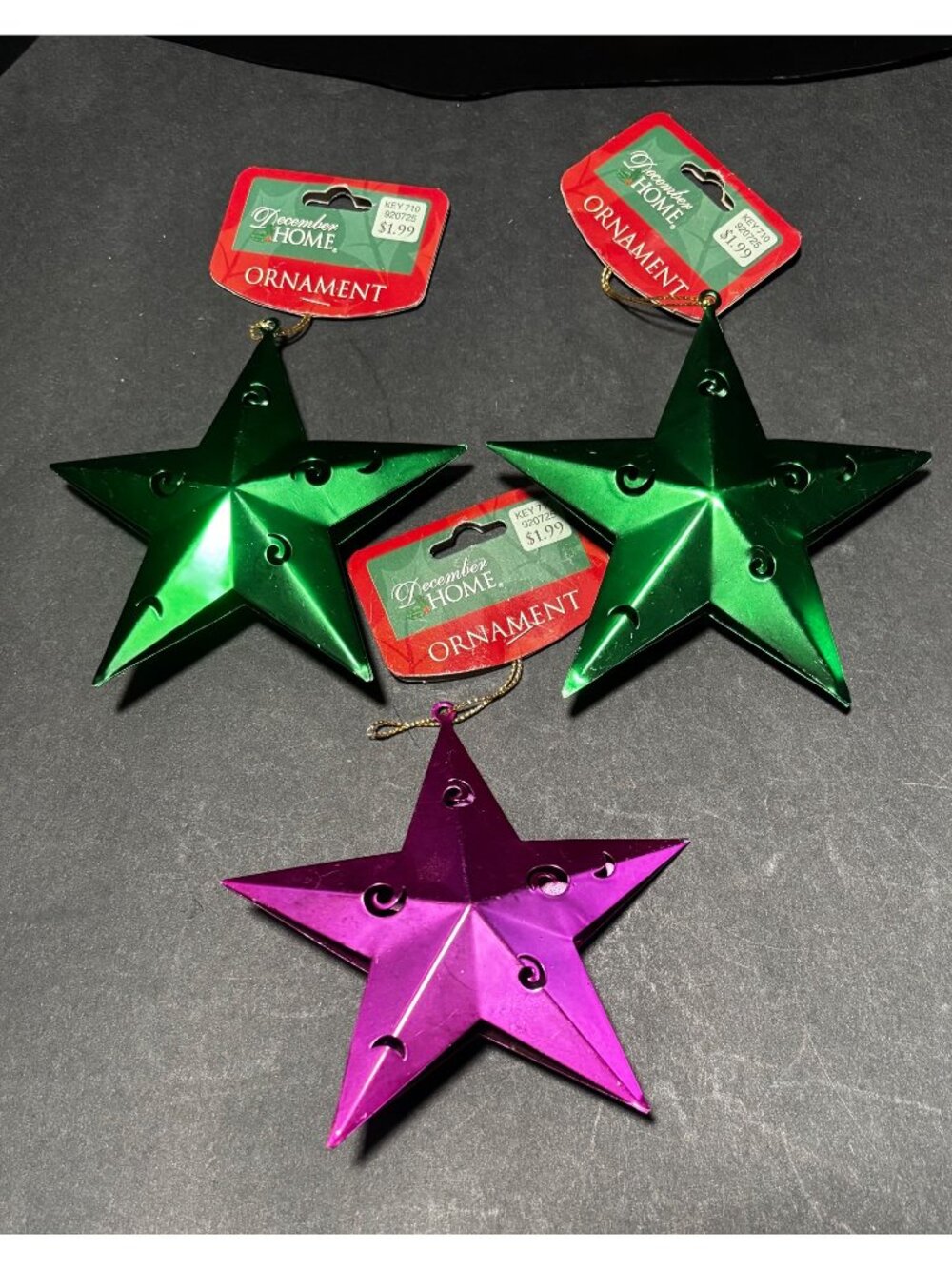 December Home Metal Star Christmas Star Ornaments Set Of 3 Green & Purple